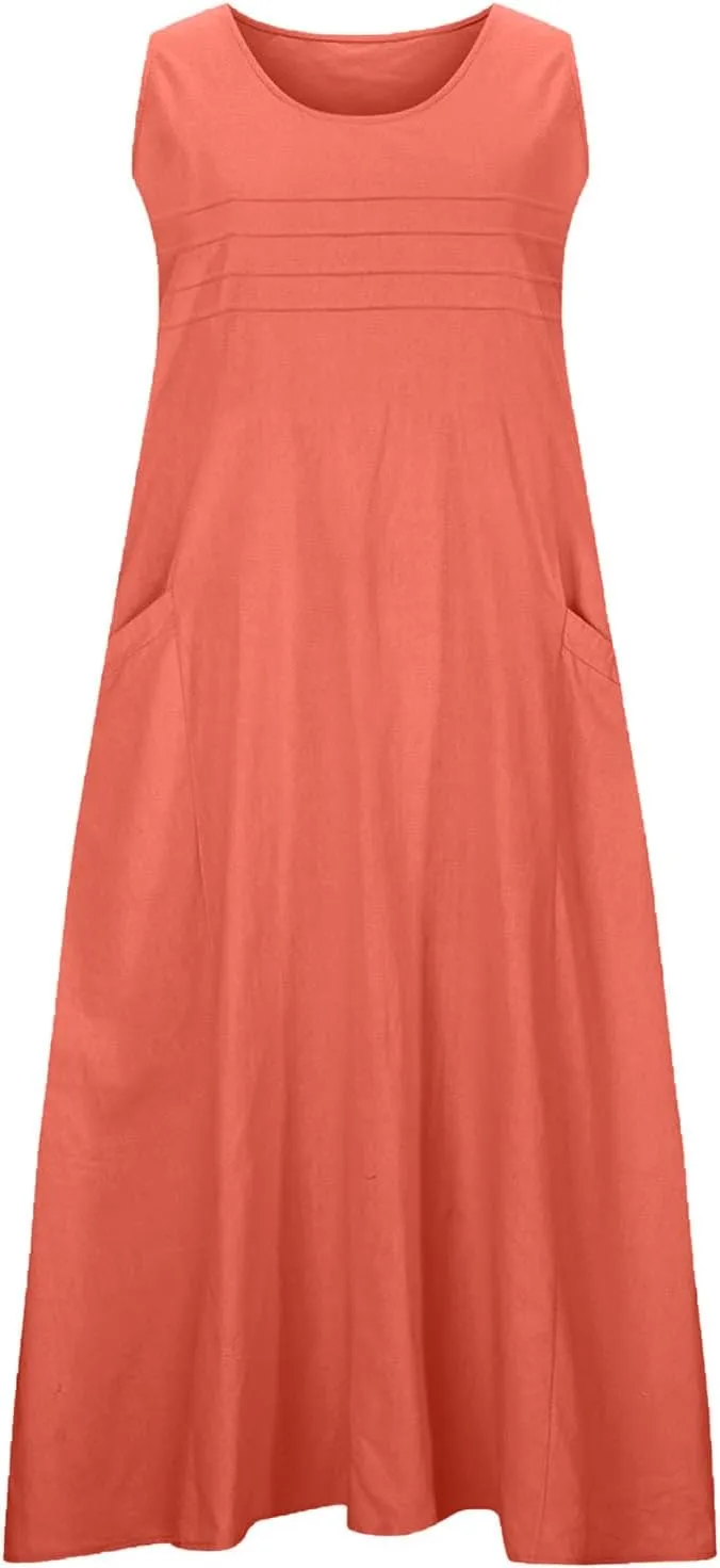 Long Cotton Linen Dresses for Women Sleeveless Striped Printed Plain Sundress Swing Hem Maxi Dress with Pockets