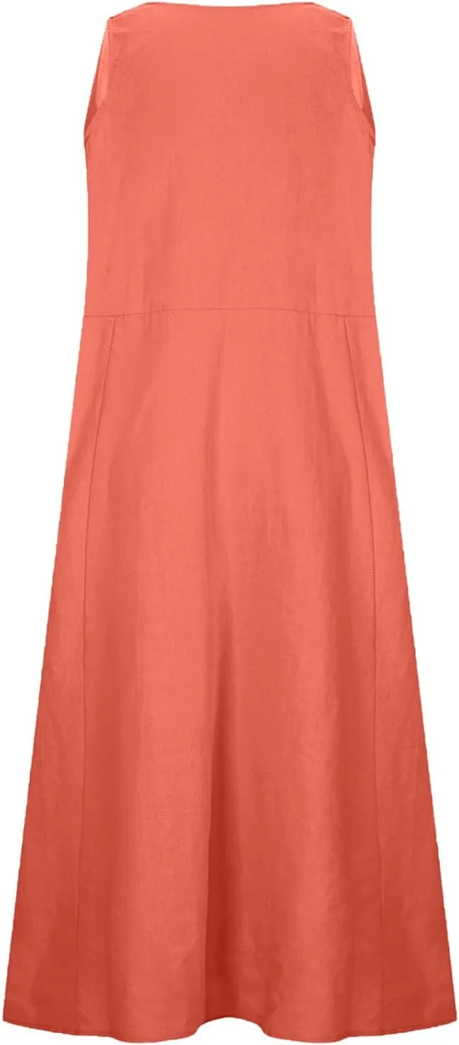 Long Cotton Linen Dresses for Women Sleeveless Striped Printed Plain Sundress Swing Hem Maxi Dress with Pockets