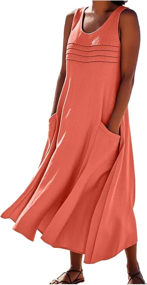 Long Cotton Linen Dresses for Women Sleeveless Striped Printed Plain Sundress Swing Hem Maxi Dress with Pockets