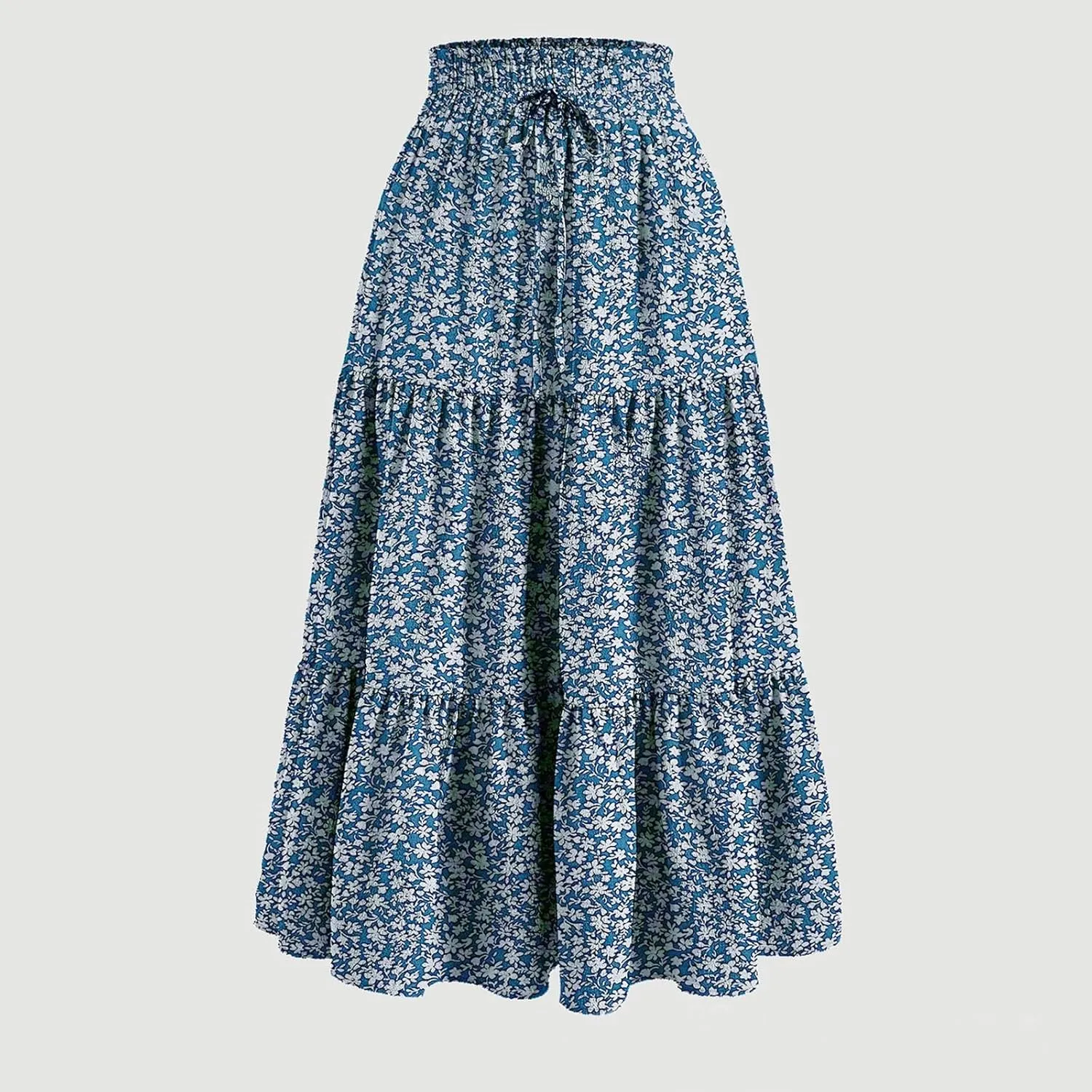 Long Skirts for Women Trendy Ruffle Floral Print Tiered Flowy Boho Skirts Comfy Drawstring Wrap Skirts