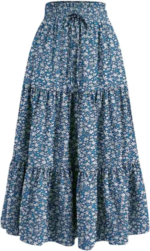 Long Skirts for Women Trendy Ruffle Floral Print Tiered Flowy Boho Skirts Comfy Drawstring Wrap Skirts