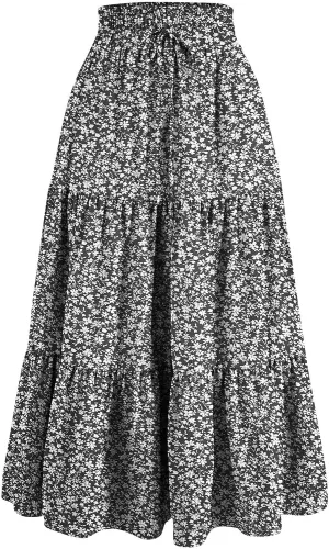 Long Skirts for Women Trendy Ruffle Floral Print Tiered Flowy Boho Skirts Comfy Drawstring Wrap Skirts