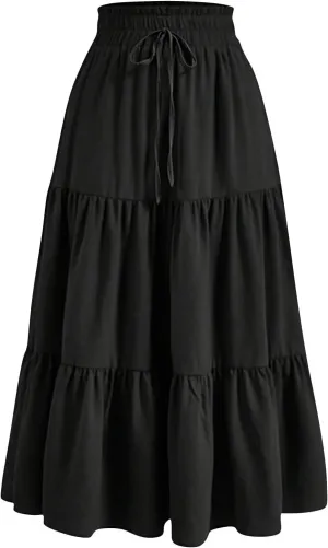 Long Skirts for Women Trendy Ruffle Floral Print Tiered Flowy Boho Skirts Comfy Drawstring Wrap Skirts