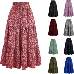 Long Skirts for Women Trendy Ruffle Floral Print Tiered Flowy Boho Skirts Comfy Drawstring Wrap Skirts