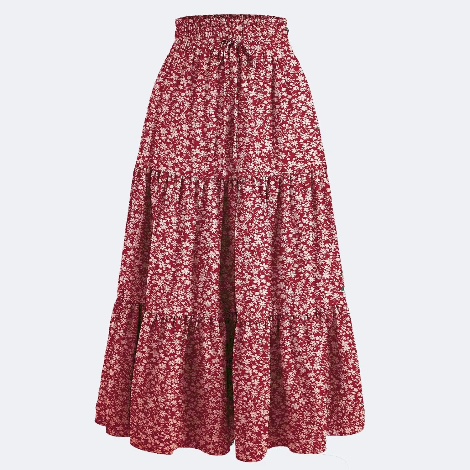 Long Skirts for Women Trendy Ruffle Floral Print Tiered Flowy Boho Skirts Comfy Drawstring Wrap Skirts