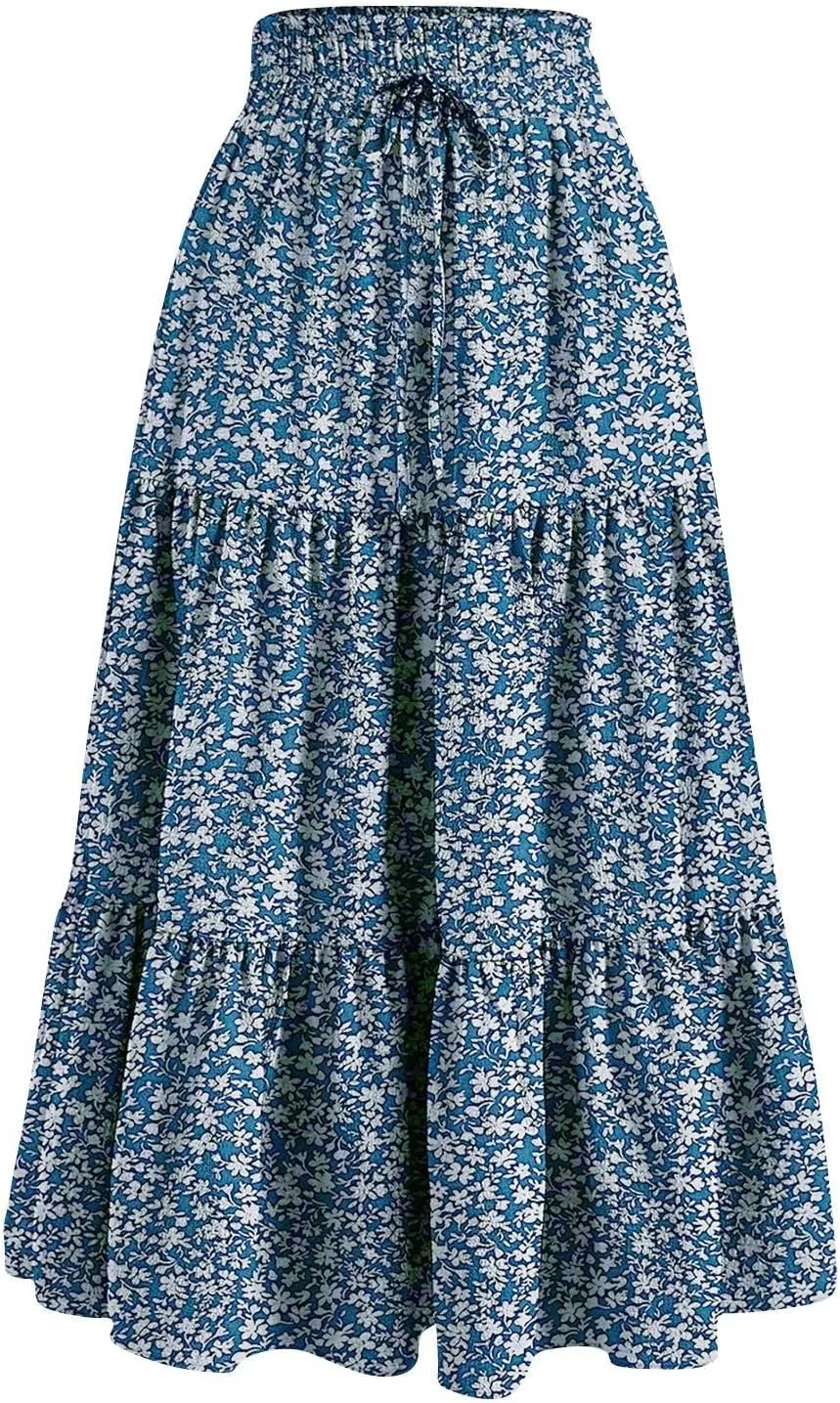 Long Skirts for Women Trendy Ruffle Floral Print Tiered Flowy Boho Skirts Comfy Drawstring Wrap Skirts
