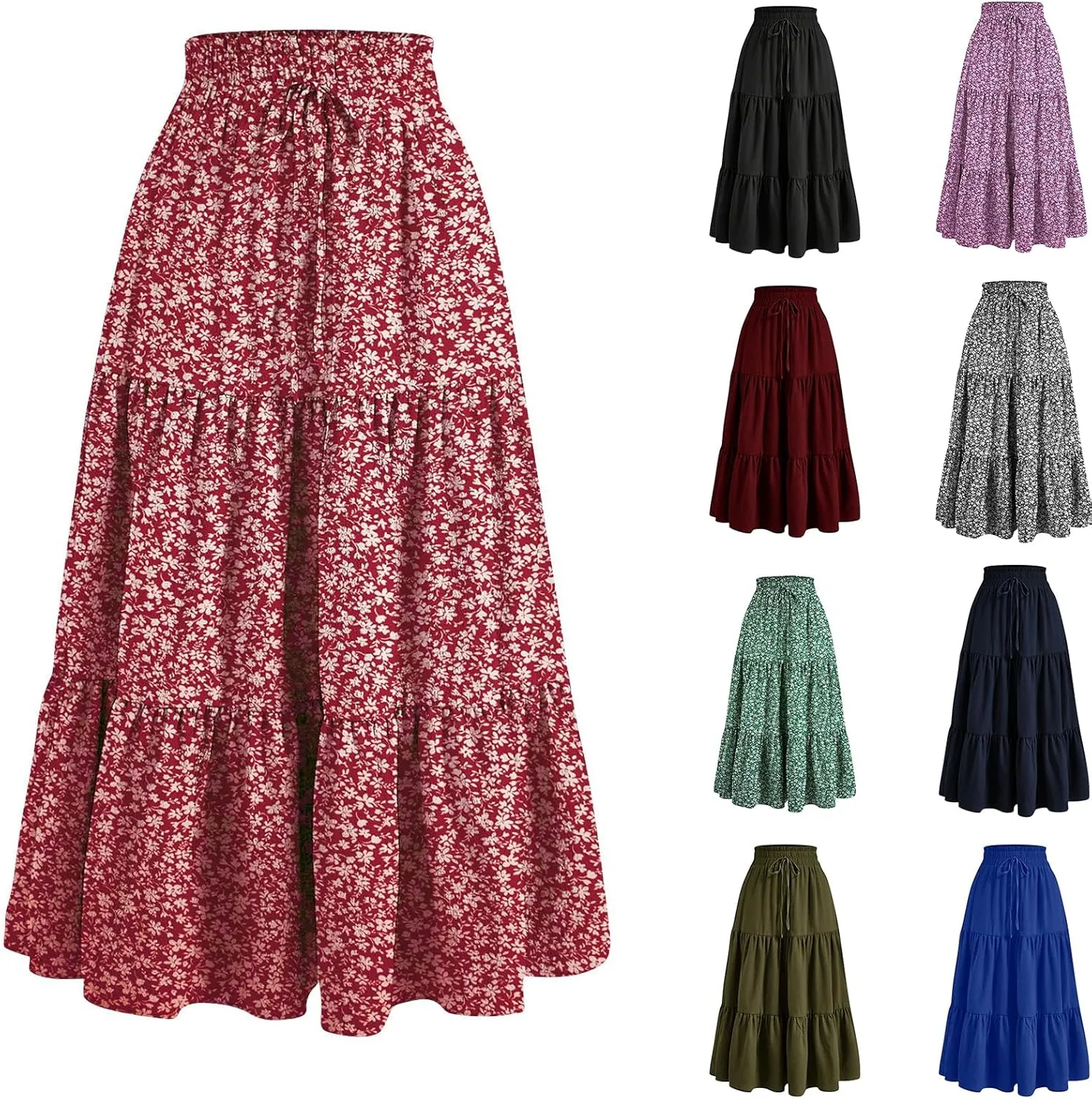 Long Skirts for Women Trendy Ruffle Floral Print Tiered Flowy Boho Skirts Comfy Drawstring Wrap Skirts
