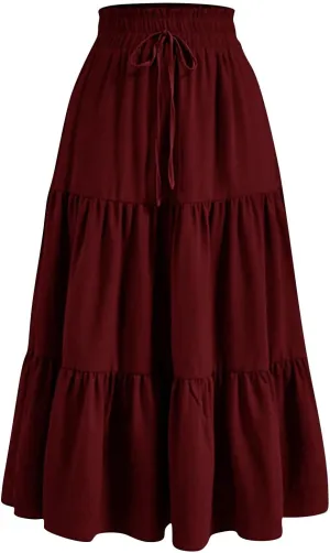 Long Skirts for Women Trendy Ruffle Floral Print Tiered Flowy Boho Skirts Comfy Drawstring Wrap Skirts