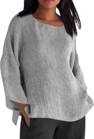 Long Sleeve Cotton Linen Shirts for Women Summer Tops Blouse Plus Size Tunic Crewneck Tshirts Tees Tunic