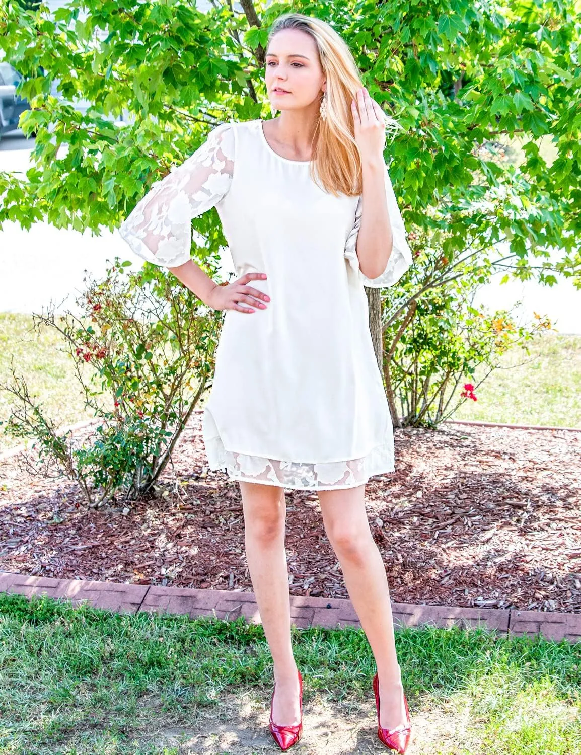 LookbookStore 3/4 Sleeve Dress for Women Shift Cute Summer Tunic Floral Lace Dresses