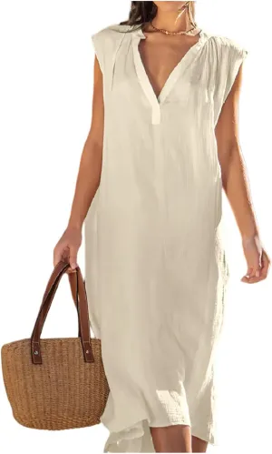 Loose Sleeveless Cotton Dress Linen V-Neck Summer Beach Maxi Dresses Solid Boho Flowy Vacation Travel Swing Dresses