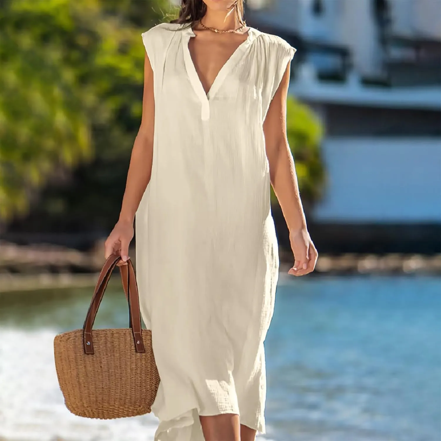 Loose Sleeveless Cotton Dress Linen V-Neck Summer Beach Maxi Dresses Solid Boho Flowy Vacation Travel Swing Dresses
