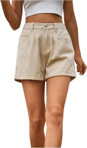 Lpmadey Women Summer High Waisted Sewn Cuffed Hem Buttons Denim Jean Shorts Distressed Denim Shorts Casual Short Jeans