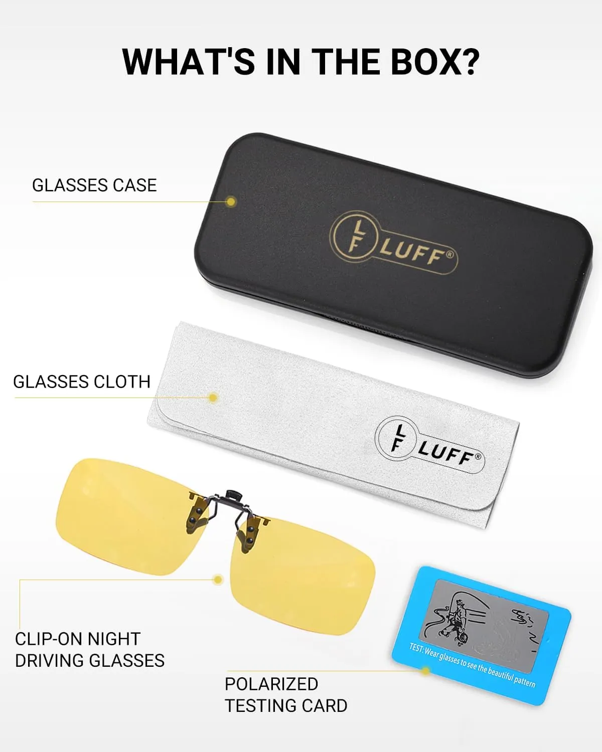 LUFF Night Vision Driving Clip-On Glasses, Polarized Anti-Glare for Wearing Over Glasses - Men and Women