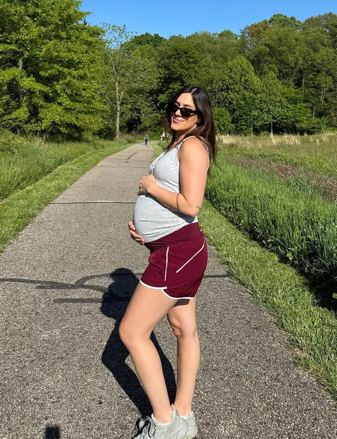 Maacie Maternity Shorts Double Layer 2 in 1 High Waist Athletic Shorts with Pockets