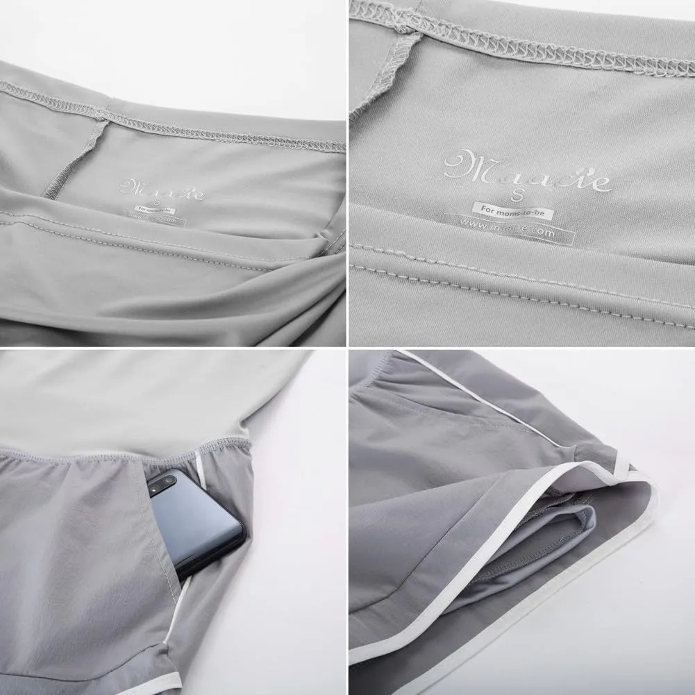 Maacie Maternity Shorts Double Layer 2 in 1 High Waist Athletic Shorts with Pockets