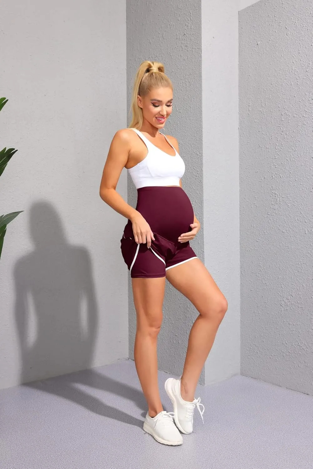 Maacie Maternity Shorts Double Layer 2 in 1 High Waist Athletic Shorts with Pockets