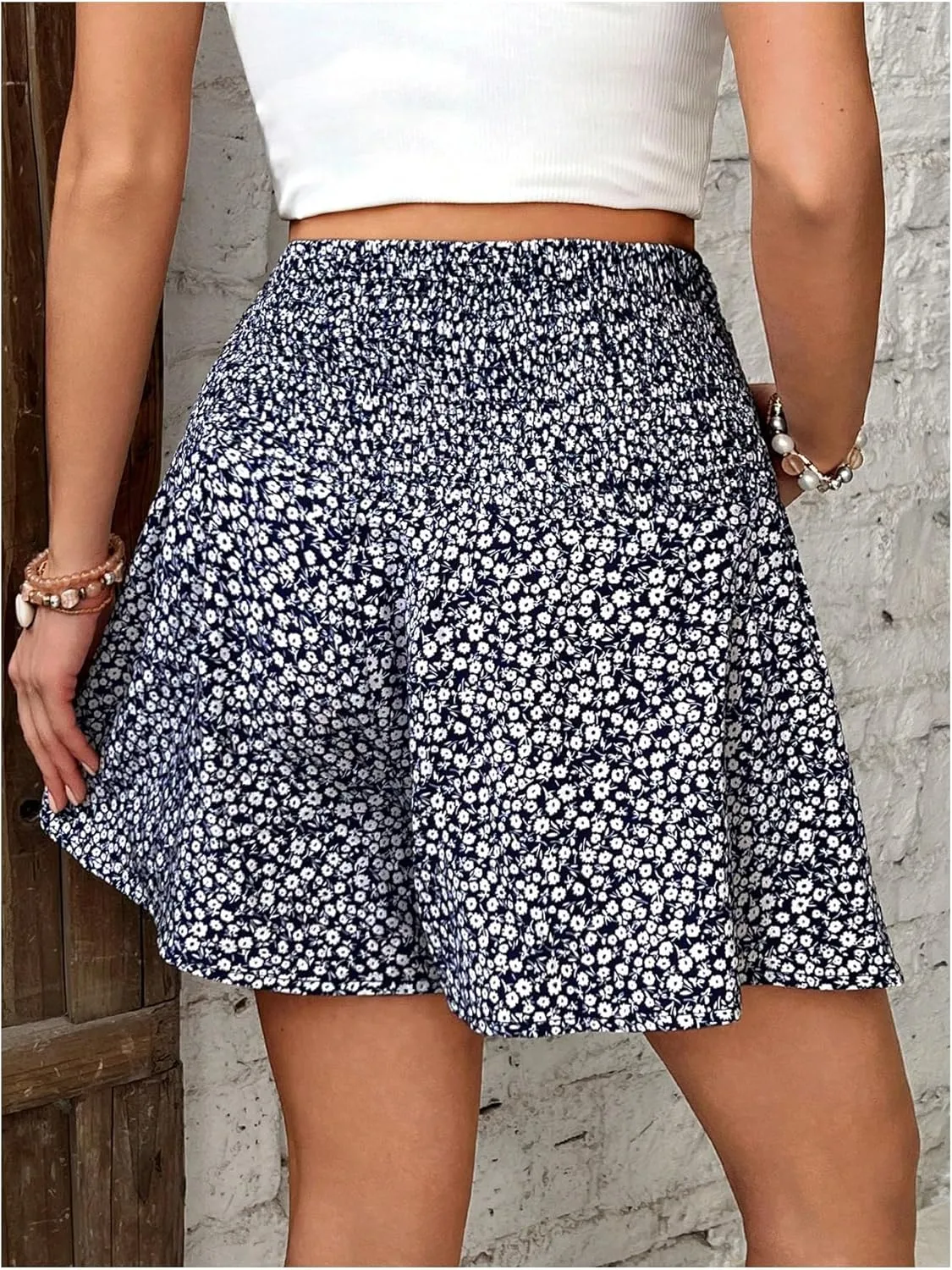 MakeMeChic Women's Maternity Shorts Ditsy Floral Print High Waist Shirred Pregnancy Wide Leg Shorts