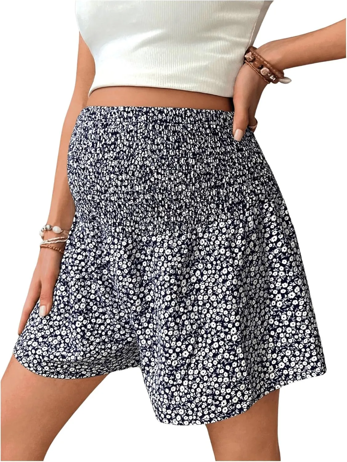 MakeMeChic Women's Maternity Shorts Ditsy Floral Print High Waist Shirred Pregnancy Wide Leg Shorts