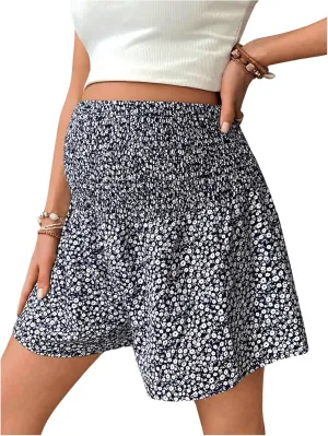 MakeMeChic Women's Maternity Shorts Ditsy Floral Print High Waist Shirred Pregnancy Wide Leg Shorts