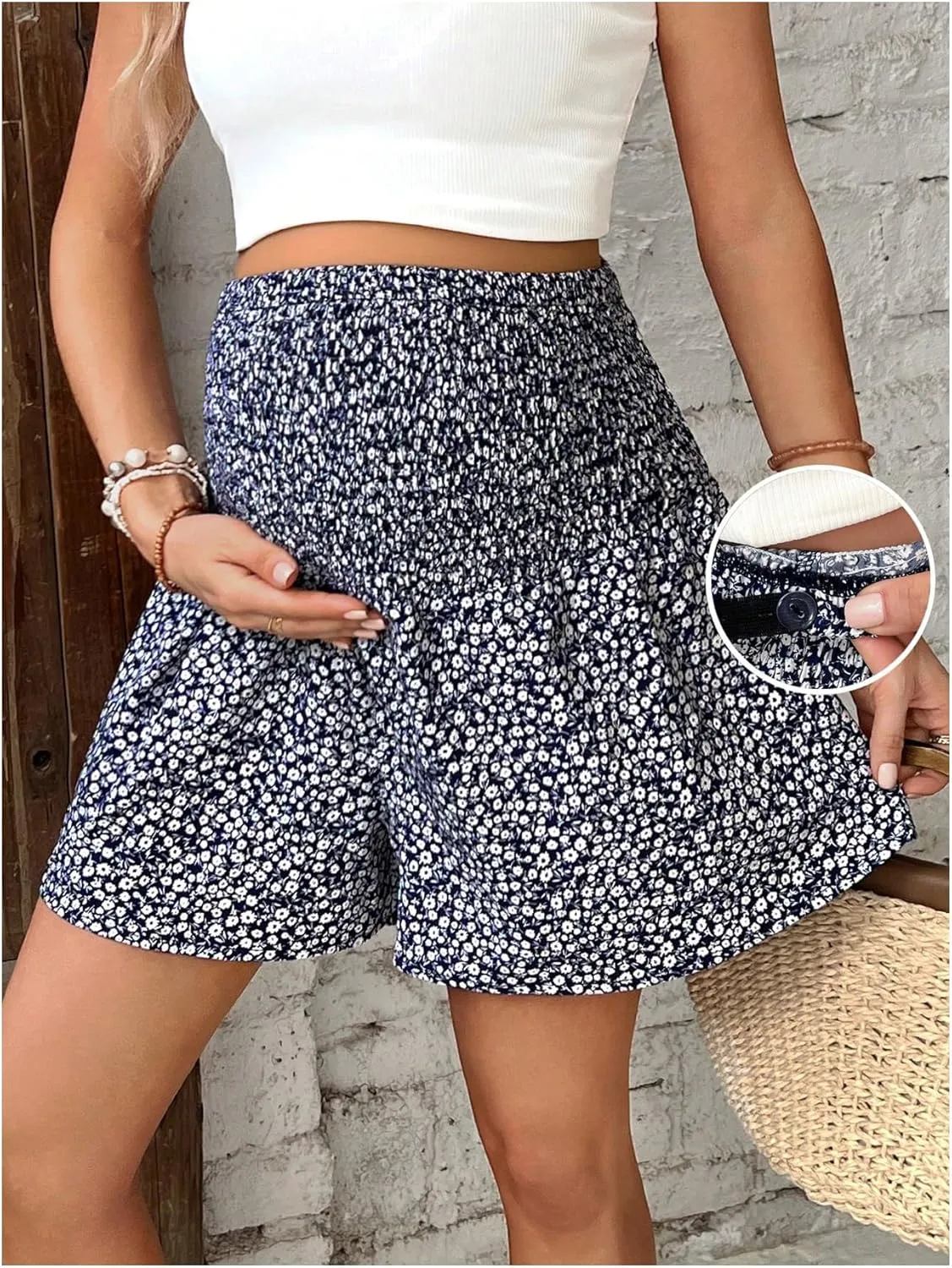 MakeMeChic Women's Maternity Shorts Ditsy Floral Print High Waist Shirred Pregnancy Wide Leg Shorts