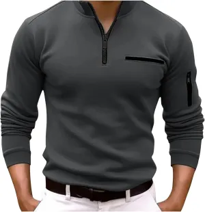 Male Shirt Quarter Zip Work Daily Wear Long Sleeve Fashion Comfortable Plain Pocket Regular Fit Top T Shirt V