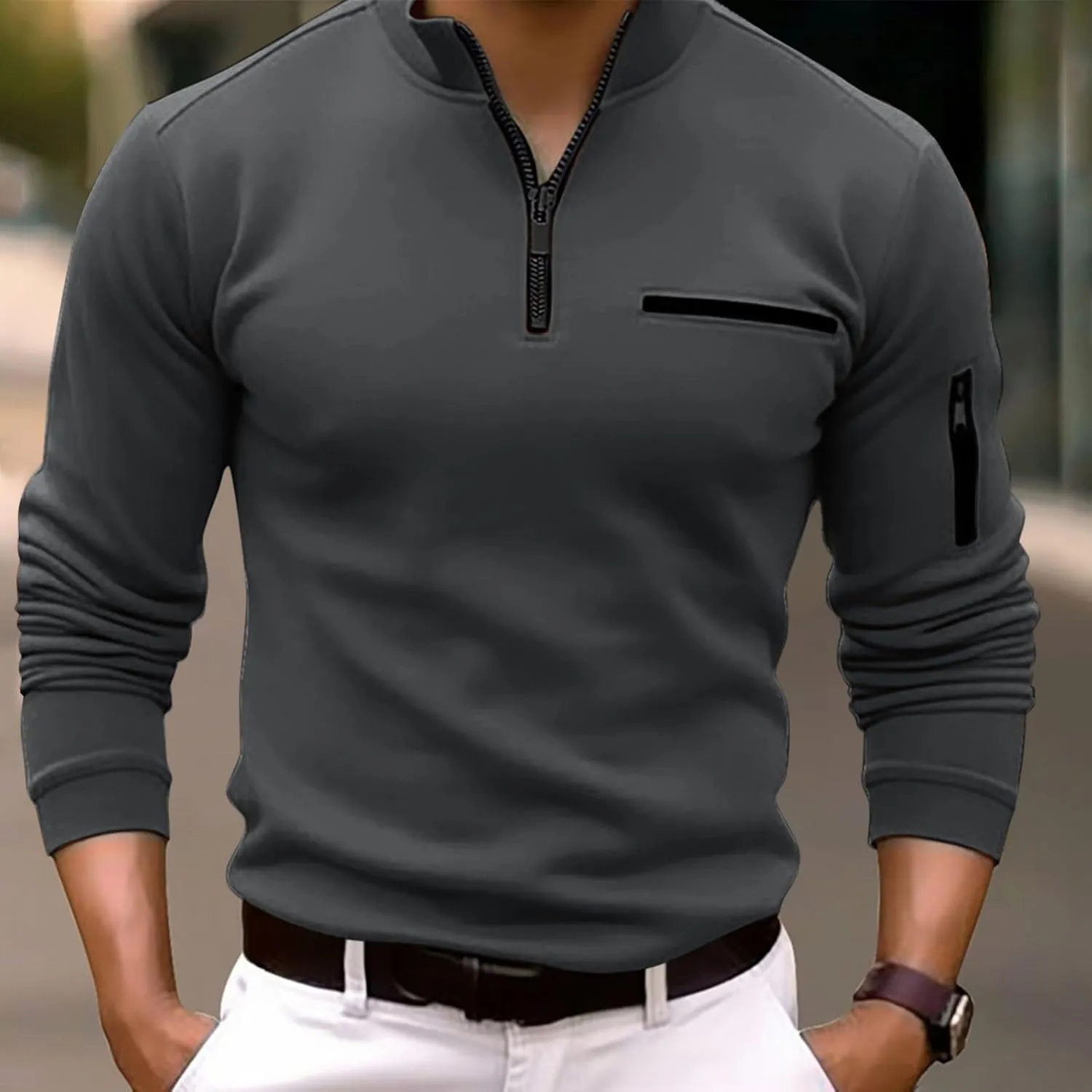 Male Shirt Quarter Zip Work Daily Wear Long Sleeve Fashion Comfortable Plain Pocket Regular Fit Top T Shirt V
