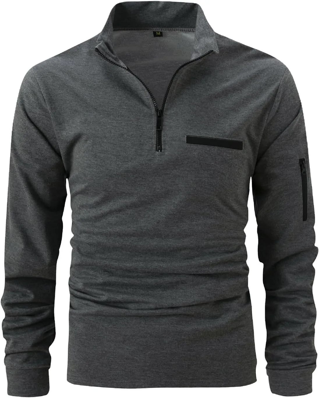 Male Shirt Quarter Zip Work Daily Wear Long Sleeve Fashion Comfortable Plain Pocket Regular Fit Top T Shirt V