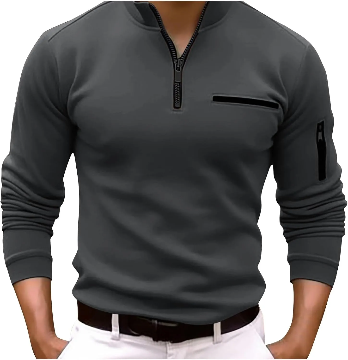 Male Shirt Quarter Zip Work Daily Wear Long Sleeve Fashion Comfortable Plain Pocket Regular Fit Top T Shirt V