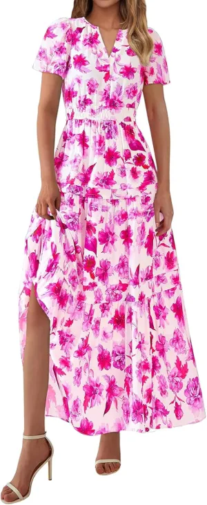Maxi Dresses for Women V Neck Boho Dress Ruffle Dresses High Waist Floral Tiered Sundress Summer Beach Vacation Dress
