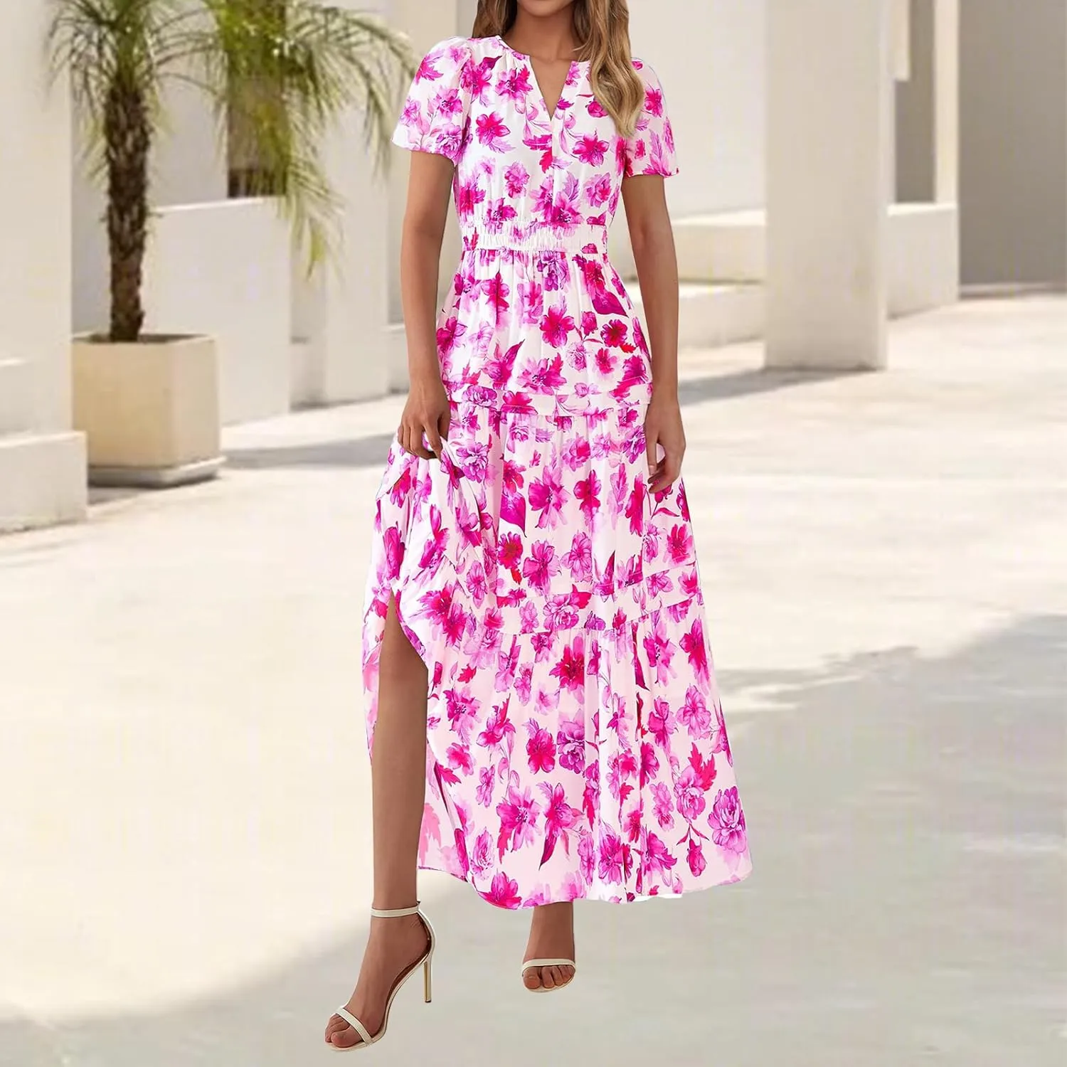 Maxi Dresses for Women V Neck Boho Dress Ruffle Dresses High Waist Floral Tiered Sundress Summer Beach Vacation Dress