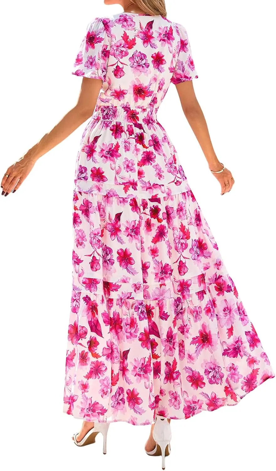 Maxi Dresses for Women V Neck Boho Dress Ruffle Dresses High Waist Floral Tiered Sundress Summer Beach Vacation Dress