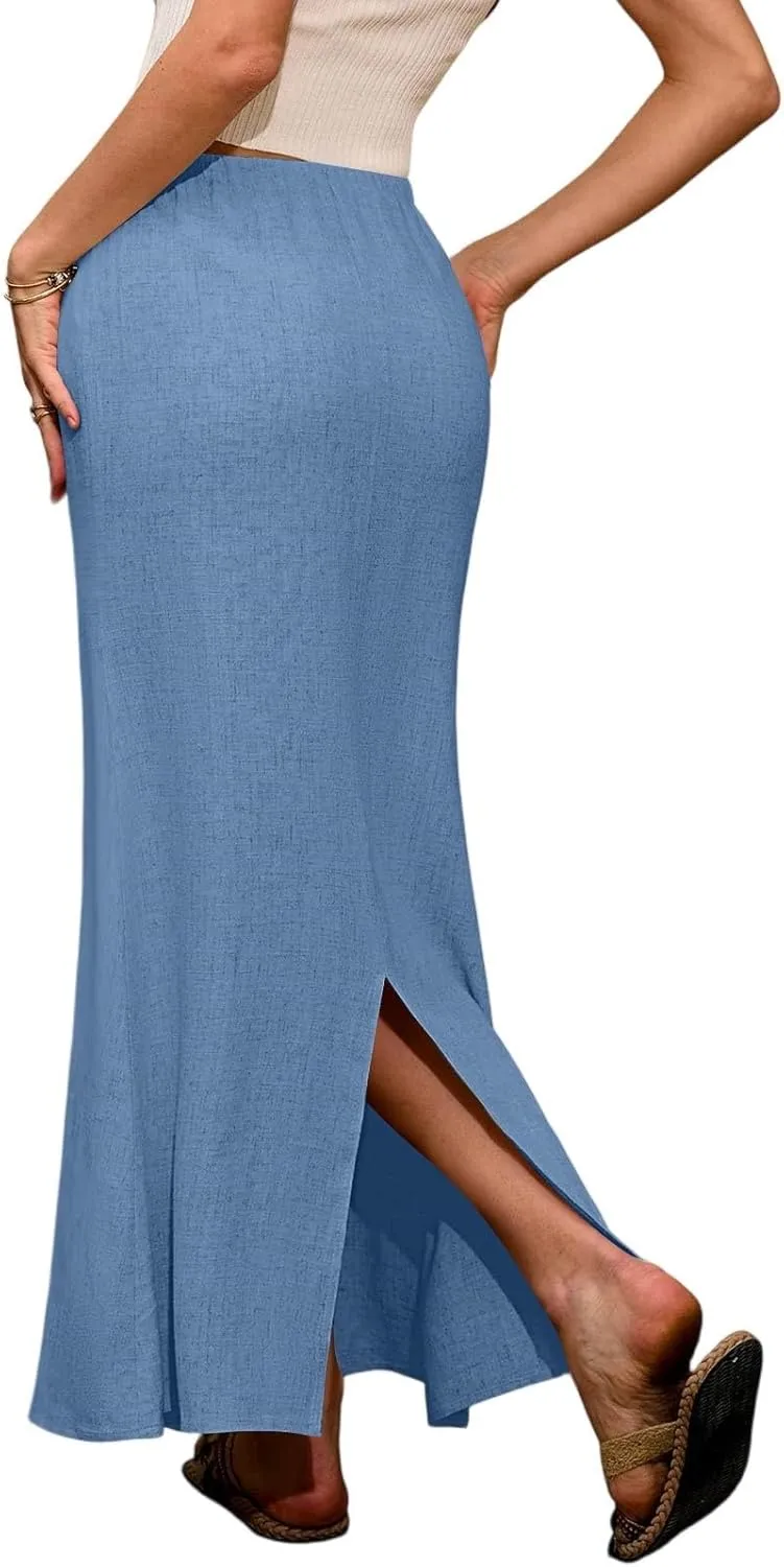 Maxi Linen Flare Skirts for Women Trendy Summer with Slit Drawstring Elastic Waist Long Flowy Low Rise A Line Skorts