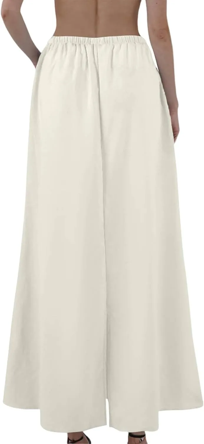 Maxi Linen Flare Skirts for Women Trendy Summer with Slit Drawstring Elastic Waist Long Flowy Low Rise A Line Skorts