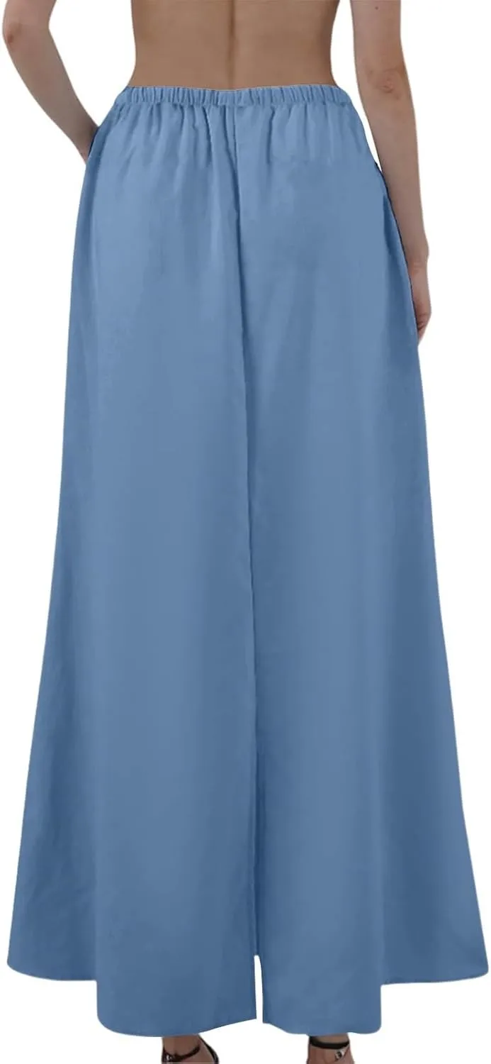 Maxi Linen Flare Skirts for Women Trendy Summer with Slit Drawstring Elastic Waist Long Flowy Low Rise A Line Skorts