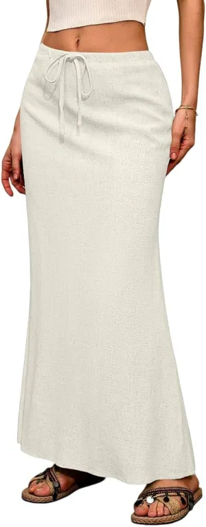 Maxi Linen Flare Skirts for Women Trendy Summer with Slit Drawstring Elastic Waist Long Flowy Low Rise A Line Skorts