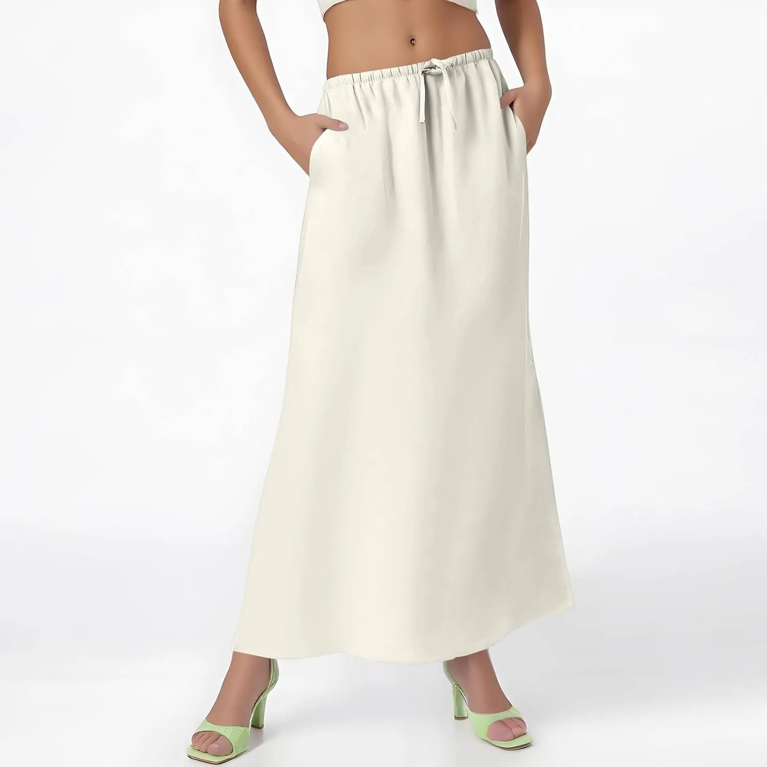 Maxi Linen Flare Skirts for Women Trendy Summer with Slit Drawstring Elastic Waist Long Flowy Low Rise A Line Skorts