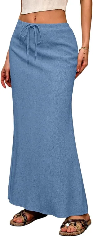 Maxi Linen Flare Skirts for Women Trendy Summer with Slit Drawstring Elastic Waist Long Flowy Low Rise A Line Skorts