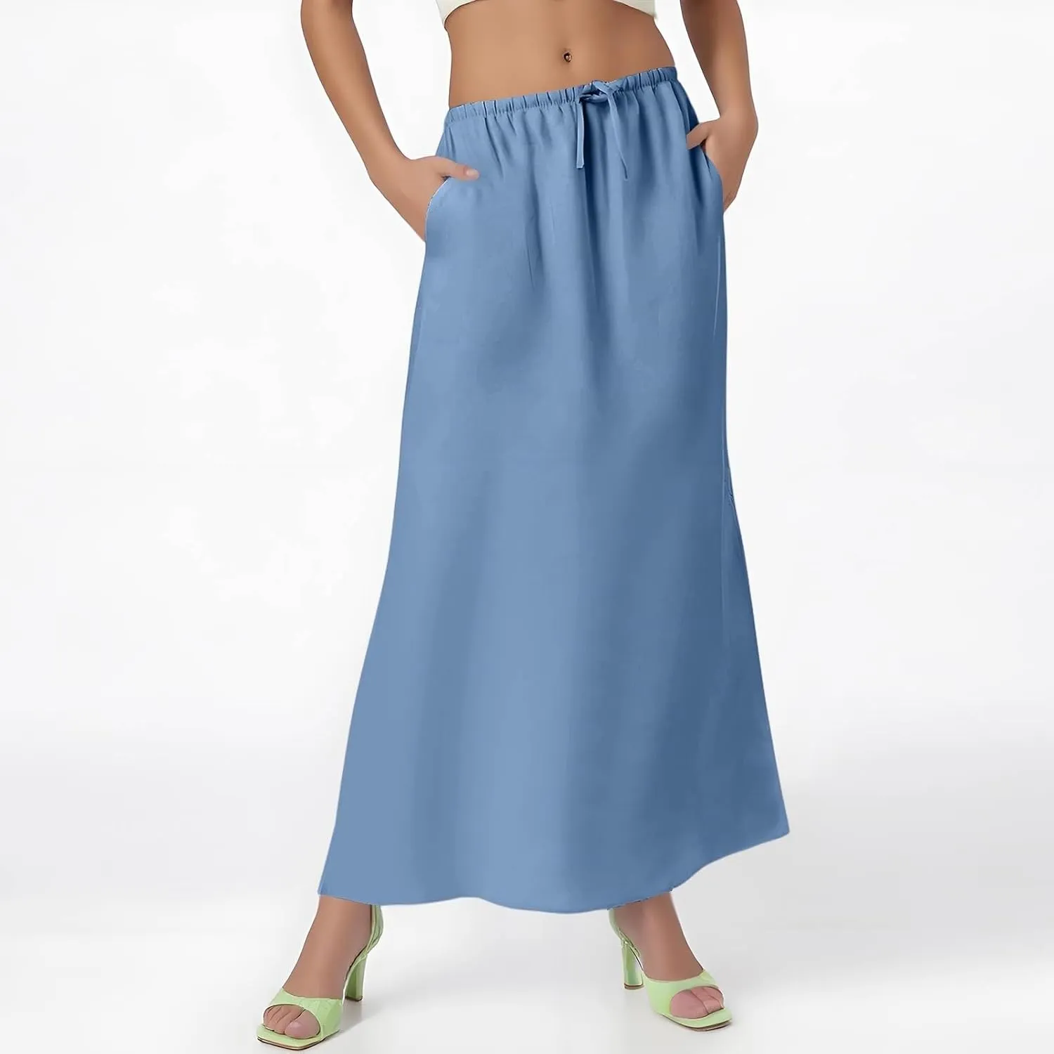 Maxi Linen Flare Skirts for Women Trendy Summer with Slit Drawstring Elastic Waist Long Flowy Low Rise A Line Skorts