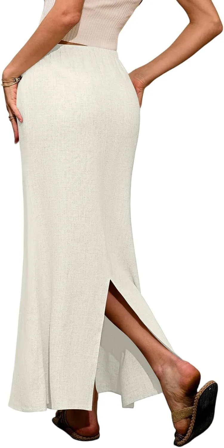 Maxi Linen Flare Skirts for Women Trendy Summer with Slit Drawstring Elastic Waist Long Flowy Low Rise A Line Skorts