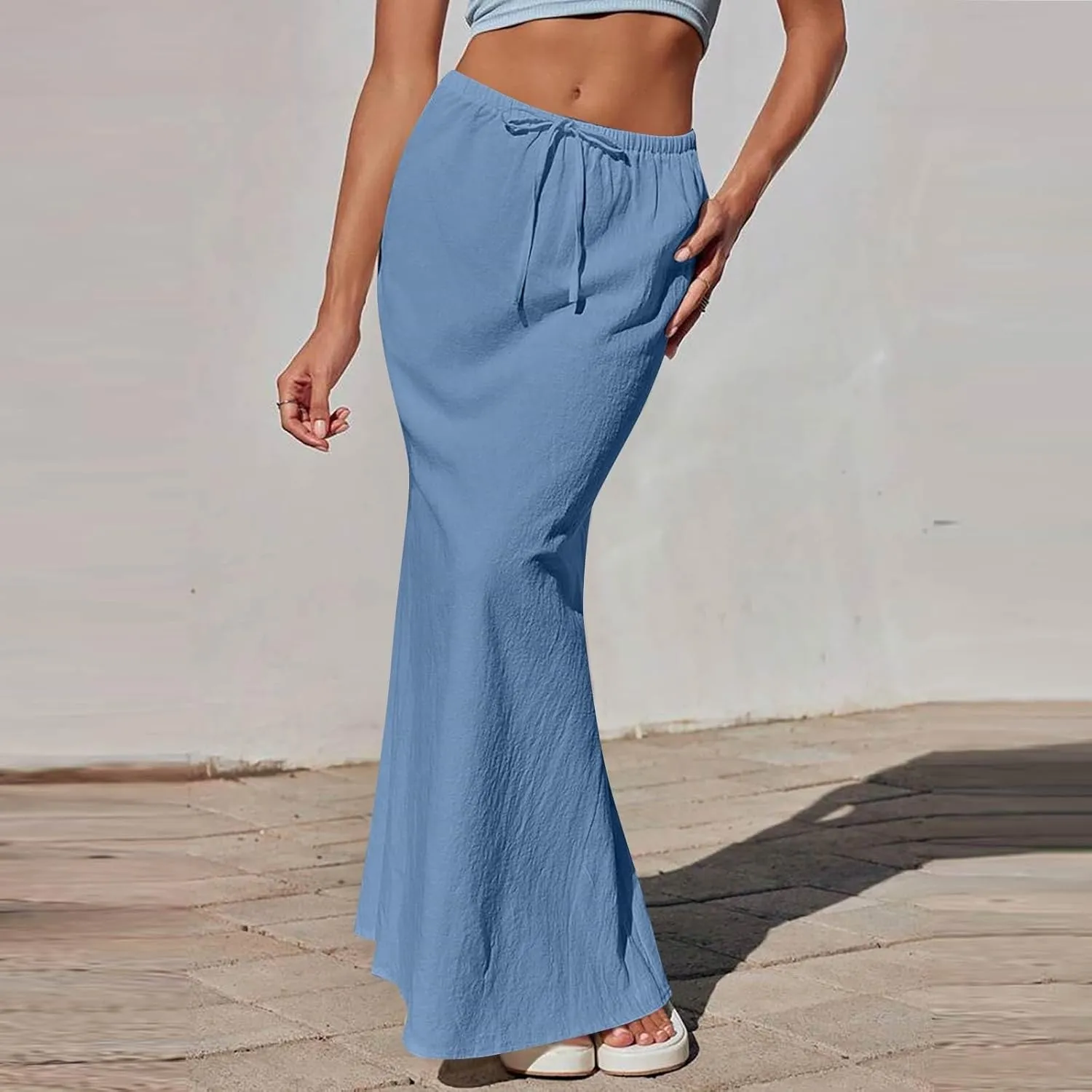 Maxi Linen Flare Skirts for Women Trendy Summer with Slit Drawstring Elastic Waist Long Flowy Low Rise A Line Skorts