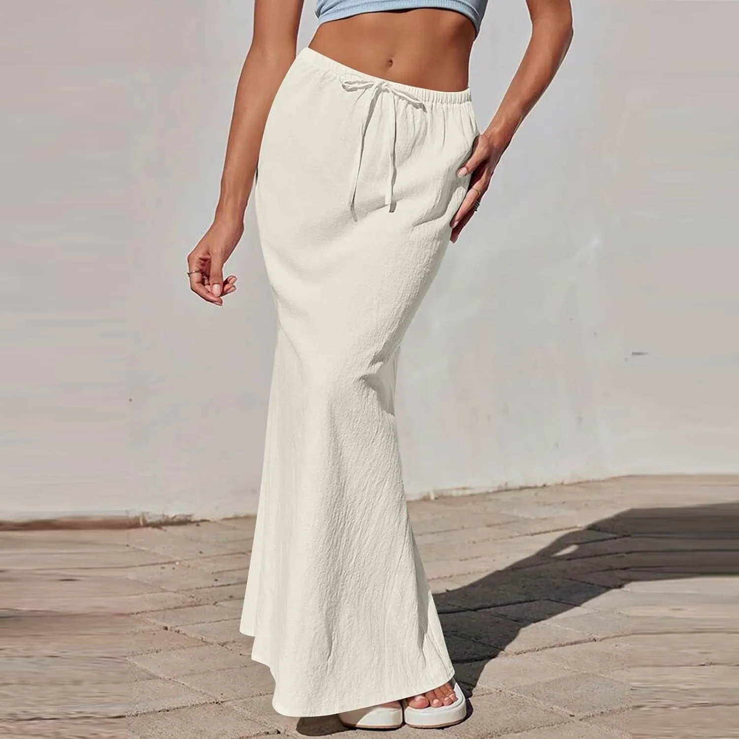 Maxi Linen Flare Skirts for Women Trendy Summer with Slit Drawstring Elastic Waist Long Flowy Low Rise A Line Skorts