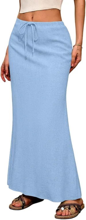 Maxi Linen Flare Skirts for Women Trendy Summer with Slit Long Flowy Low Rise Drawstring Elastic Waist A Line Skorts