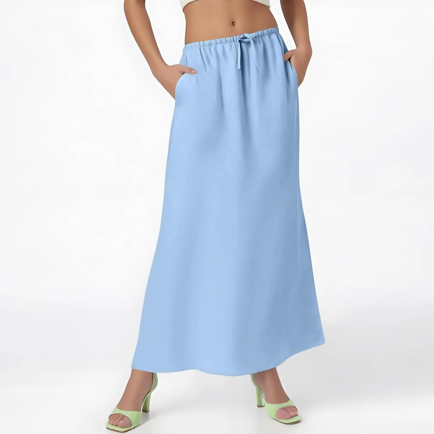 Maxi Linen Flare Skirts for Women Trendy Summer with Slit Long Flowy Low Rise Drawstring Elastic Waist A Line Skorts