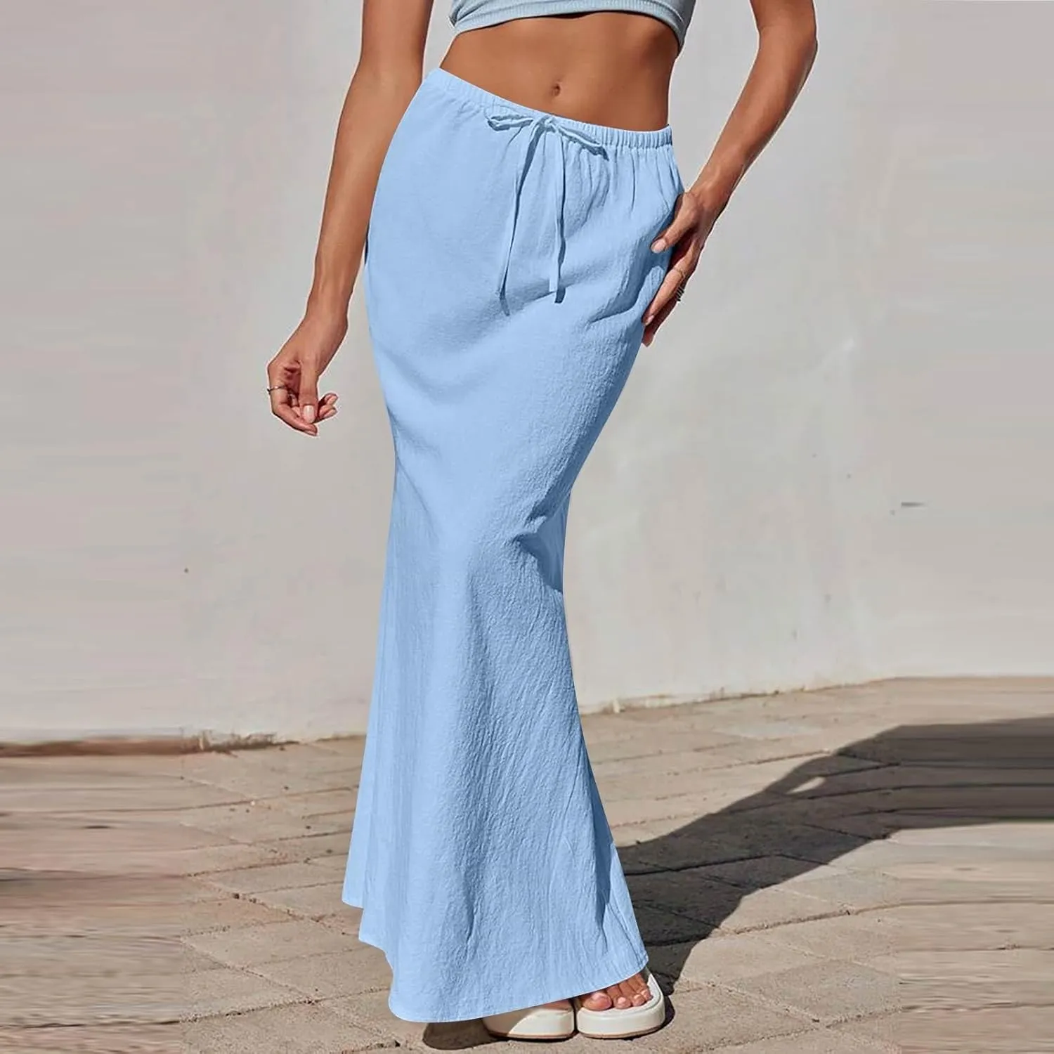 Maxi Linen Flare Skirts for Women Trendy Summer with Slit Long Flowy Low Rise Drawstring Elastic Waist A Line Skorts