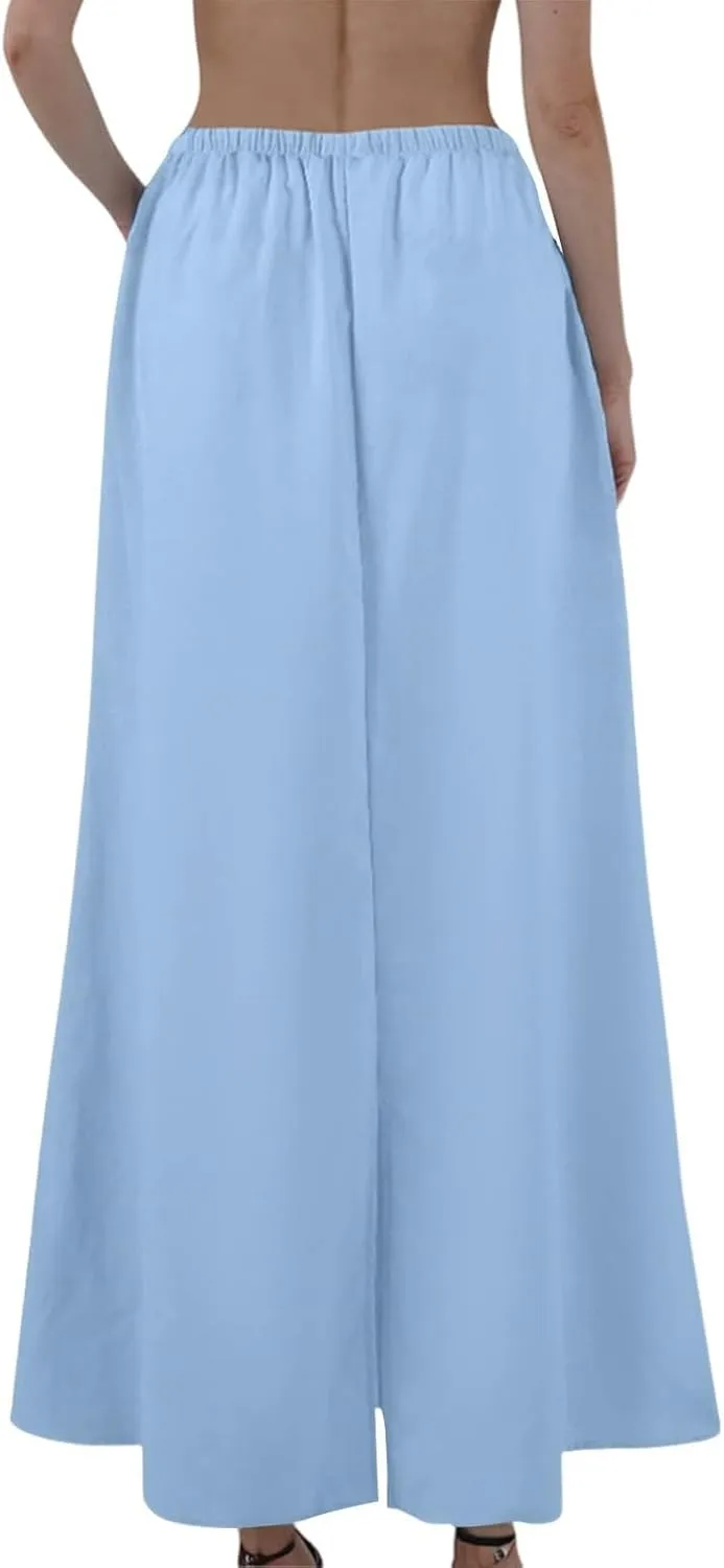 Maxi Linen Flare Skirts for Women Trendy Summer with Slit Long Flowy Low Rise Drawstring Elastic Waist A Line Skorts