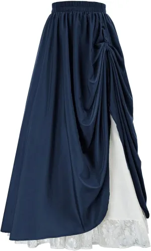 Maxi Long Skirt for Women Vintage Renaissance High Waist Double Layered Skirts Side Ruched Lace Hem Retro Skirt