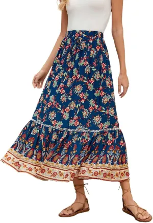 Maxi Skirt for Summer Vacation Casual High Elastic Waist Bohemian Graphic Boha Floral Print Long Skirt Streetwear