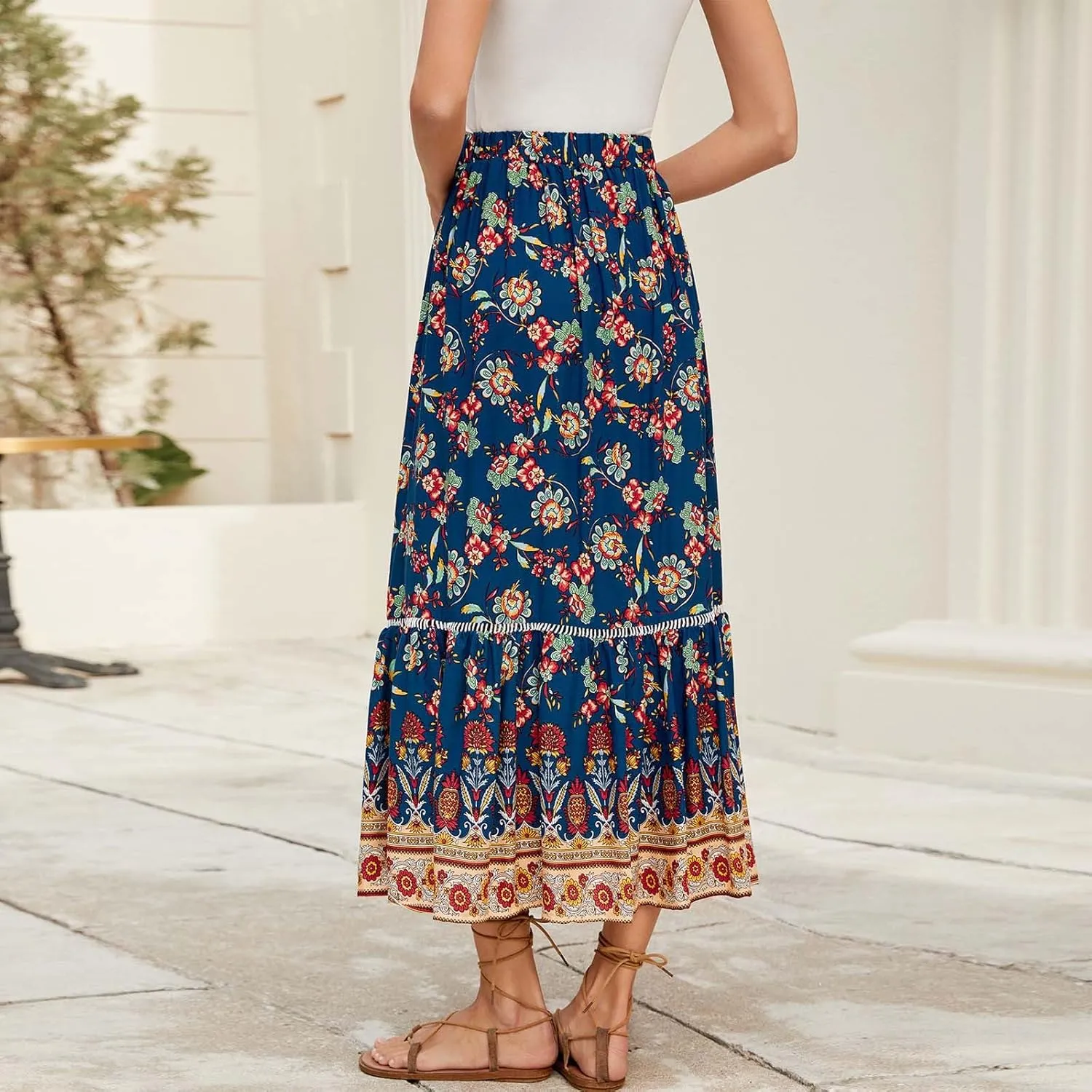 Maxi Skirt for Summer Vacation Casual High Elastic Waist Bohemian Graphic Boha Floral Print Long Skirt Streetwear
