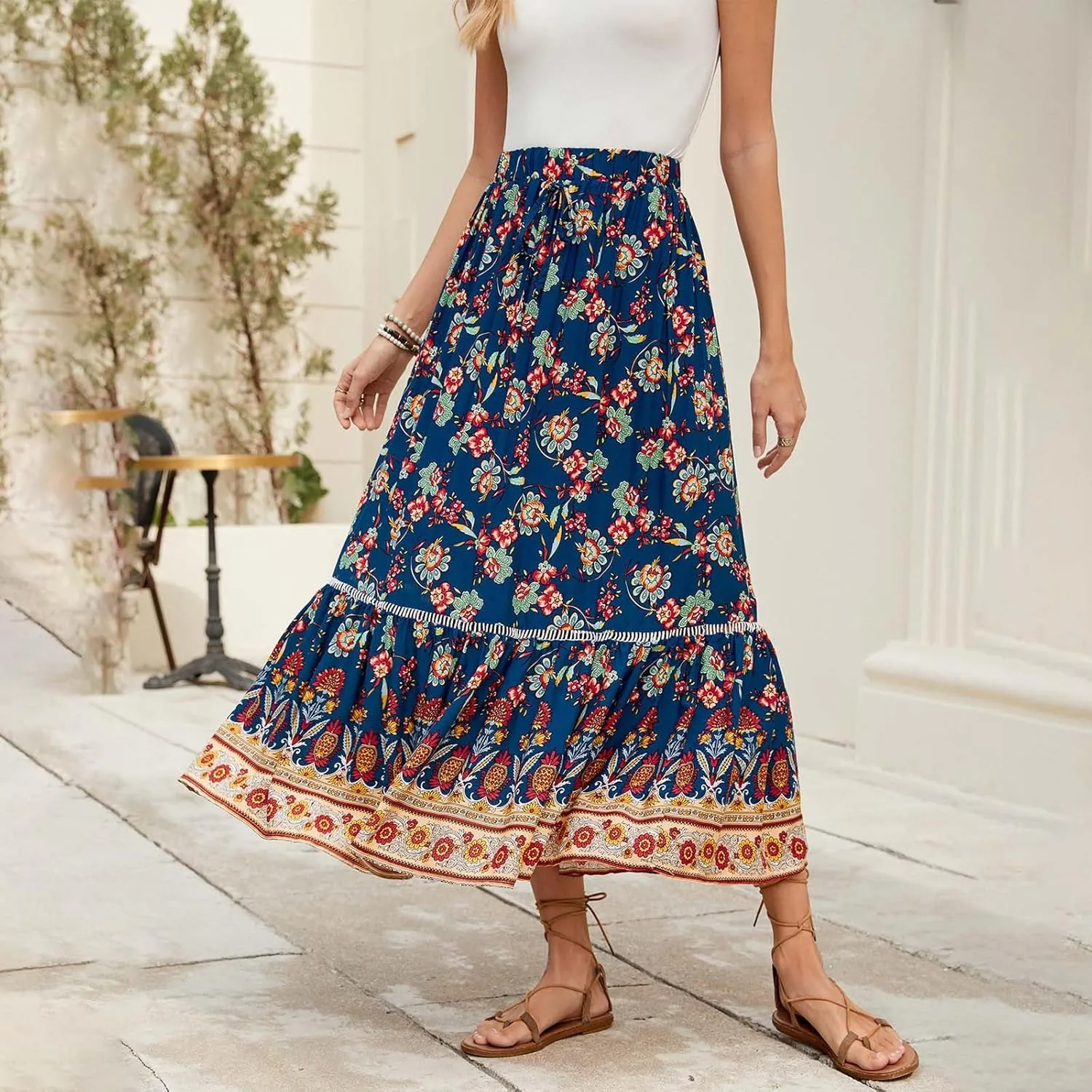 Maxi Skirt for Summer Vacation Casual High Elastic Waist Bohemian Graphic Boha Floral Print Long Skirt Streetwear